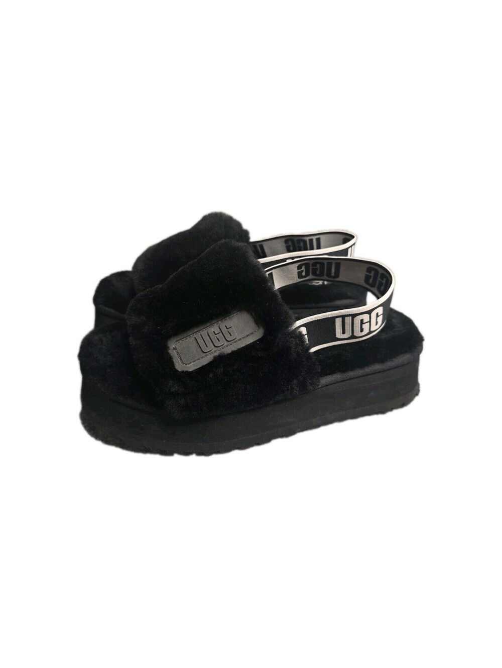 UGG Disco Slide Black Fluffy Platform Slippers Slingback Sandals Womens 9